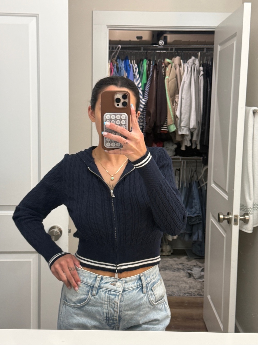 Cotton On Navy Cable-Knit Zip Hoodie with White Stripe